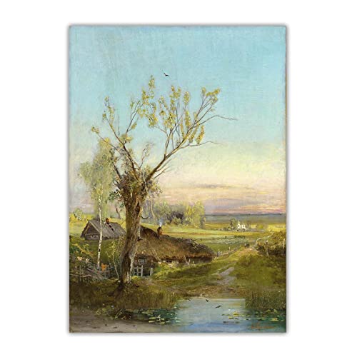 Savrasov Klassische Ölgemälde Reproduktionen Druck auf Leinwand"Riverside Village",Leinwand Wandkunst für Wohnkultur Gemälde 20x28cm(8x11in) Rahmenlos von LKLKLK