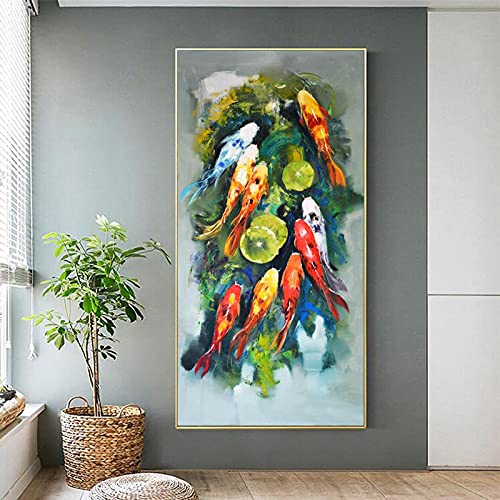 Wandkunst für Wohnzimmer Wanddekoration Bild,Moderne Fisch Tier Koi Landschaft Ölgemälde Druck auf Leinwand 50x100cm(20x40in) Rahmenlos von LKLKLK