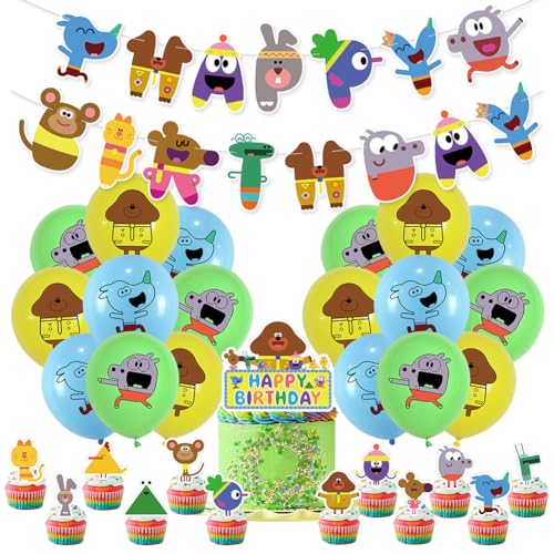 LKNBIF Karikatur Geburtstag Luftballons Set 32 Stück Hey Duggee Geburtstag Supplies Inklusive Tortenaufsatz Cupcake Topper Banner Luftballons für Geburtstagsparty Dekorationen von LKNBIF