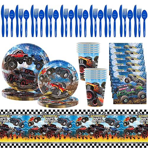 LKNBIF Monster Truck PartyzubehöR Set, Cars Monster Truck Geschirr Party Set, Kindergeburtstag Autos Geburtstag Party, Cars Kit Party Tisch 81-Teilige von LKNBIF