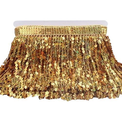 LKXHarleya 10 Yards Spitzenbandbesatz zum Nähen, 16 cm Pailletten-Quastenfransenbesatz für DIY-Tanzbühnenkleid, Kleidung, Nähen, Basteln, Dekorationszubehör, Gold von LKXHarleya