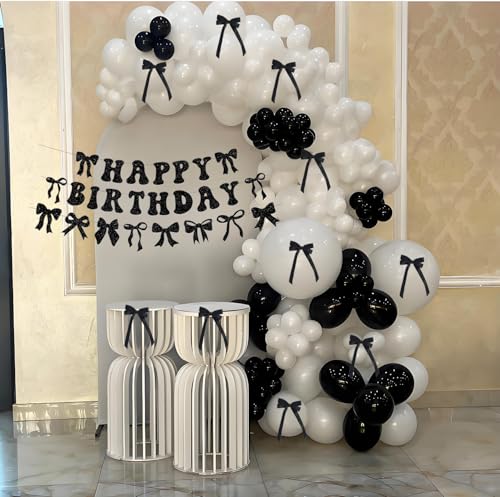 Schwarz und Weiß Geburtstagsdekorationen, Kokette Geburtstag Dekor Mädchen Schleife Party Luftballons Bogen Girlande Bogen Happy Birthday Banner für Frauen Bday Supplies von LLHFLY