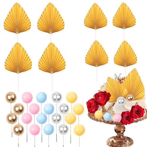 28 Stück goldene Blätter und Kugeln Kuchendekoration (Gold, Silber, Rosa, Blau, Gelb) von LLMSIX