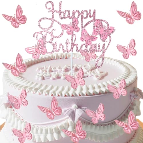 DAJISI Happy Birthday Tortenaufsatz, Schmetterlings-Kuchendekorationen mit Glitzer, rosa Kuchendekorationen für Hochzeitstag, Babyparty, Mädchengeburtstag, Party, 13 Stück von LLMSIX