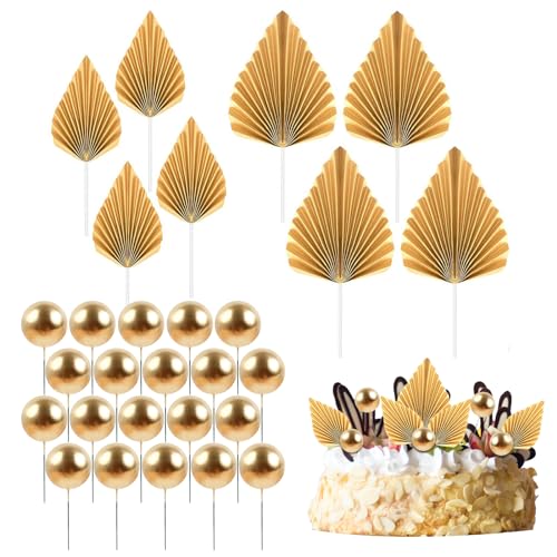 LLMSIX 28 Stück Tortendeko Gold，Boho Tortendeko Hochzeit Palmblatt Golden Kugeln Tortendeko Dekoration Papier Happy Birthday Tortendeko Gold für Partys, Feste, Hochzeiten von LLMSIX