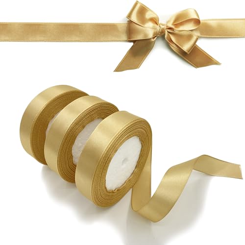 LLMtn 66 Meters 3 Rollen Satinband Gold 2CM X 22M Dekoration Geschenkband breit Schleifenband, Stoffband für Hochzeit, Goldenes Geschenk Band Geschenkbänder für Taufe und Geburtstag Geschenke von LLMtn