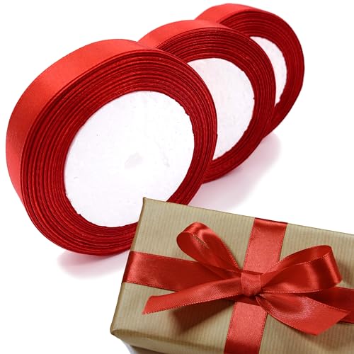 LLMtn 3 Rollen Satinband Rot 2CM X 22 Meters Dekoration Geschenkband breit Schleifenband, Stoffband für Hochzeit, Rot Geschenk Band Geschenkbänder für Taufe und Geburtstag Geschenke von LLMtn