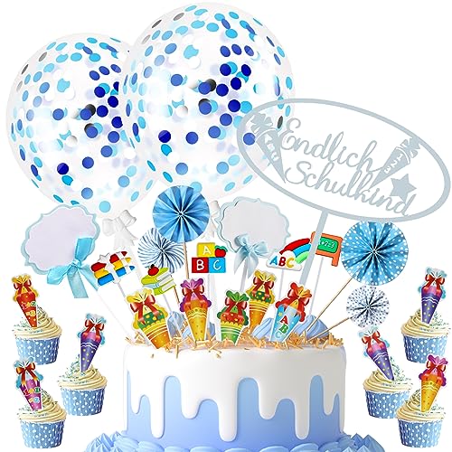 Einschulung Tortendeko,Endlich Schulkind Schulanfang Tortendeko,Kuchendeko Mit ABC 123 Zuckertüte Konfetti Ballon Deko Tortenaufsätze Torten Cupcake Muffin Topper für Junge Mädchen Party Deko,Blau von LLNRC