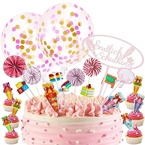 Einschulung Tortendeko,Endlich Schulkind Schulanfang ,Kuchendeko Mit ABC 123 Zuckertüte Konfetti Ballon Deko Tortenaufsätze Torten Cupcake Muffin Topper für Junge Mädchen Party Deko,Rosa von LLNRC