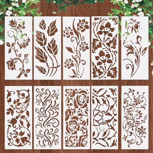 10Styles Große Blattschablonen zum Malen, wiederverwendbare Blumenschablonen zum Basteln, Kunststoff, botanische Blume, Malschablonen, Blätter-Schablonen-Set auf Holz, Wand, Leinwand, DIY-Zeichnung von LLOUSSAK