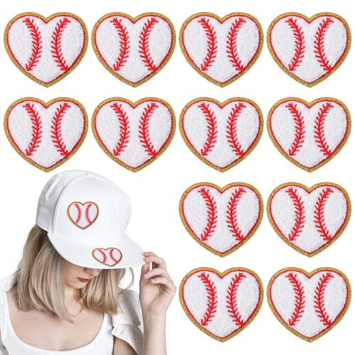 12 Stück Patches Aufnäher, Herz Baseball Aufnäher Aufbügelbare Herz Aufnäher Baseball Herz Flicken mit Goldrand zum Ausbessern von Löchern Jeans-Kleidung Hüte Dekorationen Basteln von LLOUSSAK