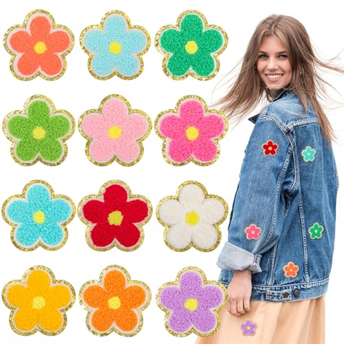 12 x Blumen-Patches für Rucksäcke, Chenille-Patches zum Aufbügeln oder Aufnähen, bestickter Aufnäher mit goldenem Rand, 6,1 cm, bunte Blumenapplikation, Aufkleber zum Aufbügeln für Kleidung, Jeans, von LLOUSSAK