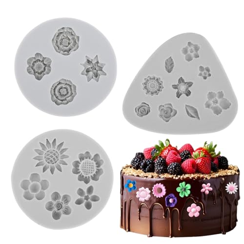 3 Stück Silikonformen Blumen, 3D Blume Tonform Fondant Silikonform Geprägte Tonform für Ohrring Schmuck Kuchen Handwerk DIY Sugarcraft Cupcake Topper von LLOUSSAK