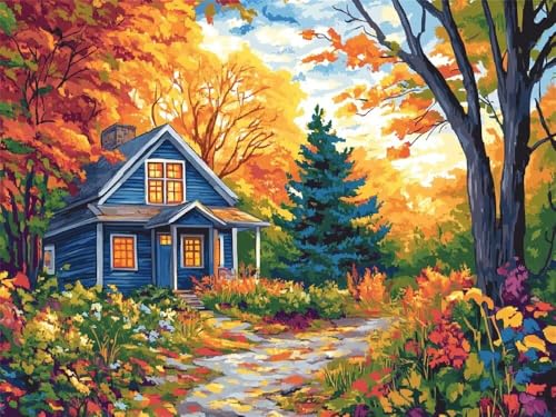 Malen Nach Zahlen Erwachsene Herbstlandschaft Haus, Malen Nach Zahlen mit Pinseln und Acrylfarben, DIY Paint by Numbers 40 x 30 cm, Malen-Nach-Zahlen für Anfänger, Home Wand Decor (Ohne Rahmen) -YH45 von LLWYH