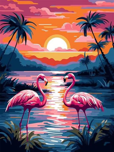 Malen Nach Zahlen Flamingo Sonnenuntergang Malen Nach Zahlen Erwachsene Groß 60x90cm, DIY Paint by Numbers Inklusive 3 Pinsel und Acrylfarben Kits für Home Haus Deko Geschenk (Ohne Rahmen) -PT113 von LLWYH