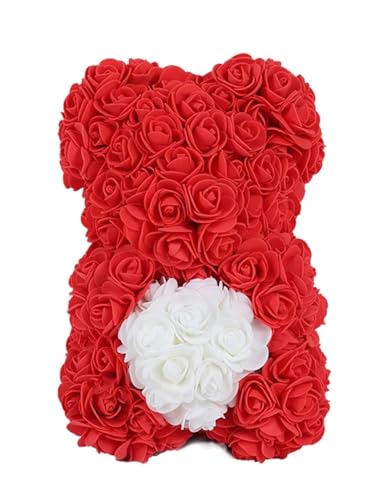 1 x künstliche Blume, ewige Rose, Teddybär für Mutter, Muttertag, Geburtstag, Valentinstag, Jahrestag, Geschenke und Dekorationen (rot weiß) von LMDO