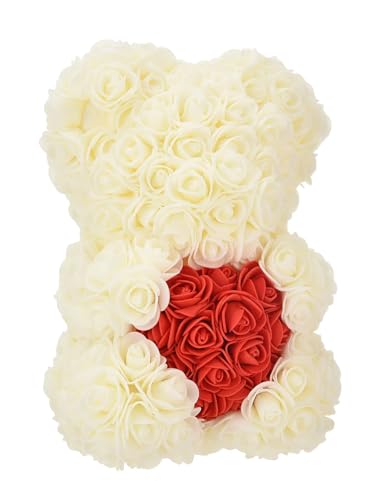 1 x künstliche Blume, ewige Rose, Teddybär für Mutter, Muttertag, Geburtstag, Valentinstag, Jahrestag, Geschenke und Dekorationen (weiß-rot) von LMDO