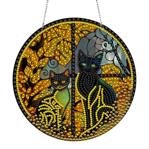 LMIX DIY Black Cat Diamond Painting Hanging Pendant Decor Wreath Kits Rhinestone Diamond Art Window Ornament Home Garden Wall Hanging Kits von LMIX