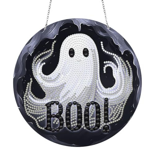 LMIX DIY Halloween Ghost Diamond Painting Hanging Pendant Decor Wreath Kits Rhinestone Diamond Art Window Ornament Home Garden Wall Hanging Kits von LMIX