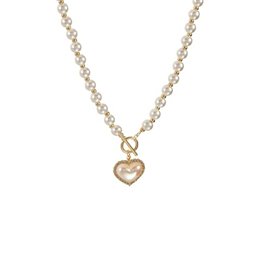 LMJNL Elegante Liebes-Herz-Perlen-Anhänger-Halskette, einfache Knebelverschluss-Halskette für Frauen, ästhetisch, Boho-Schmuck, Halsband, Perlas-Geschenk von LMJNL