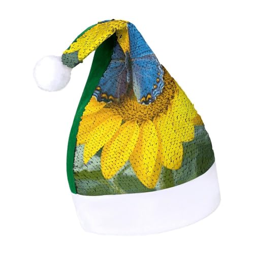 LMNGH Weihnachtsmütze, Uni, Erwachsene, Plüsch, Weihnachtsmütze, Sonnenblume, blauer Schmetterling, Weihnachtsmannmützen für Party, Urlaub von LMNGH