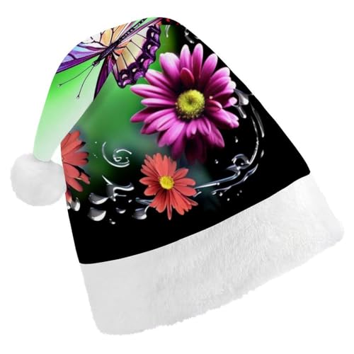 LMNGH Weihnachtsmütze, Unisex, Erwachsene, Plüsch, Weihnachtsmütze, Blume und Schmetterling, Weihnachtsmannmützen für Party, Urlaub von LMNGH