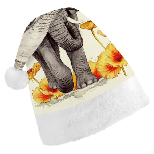 LMNGH Weihnachtsmütze, Unisex, Erwachsene, Plüsch, Weihnachtsmütze, Elefant und Sonnenblume, Weihnachtsmannmützen für Party, Urlaub von LMNGH