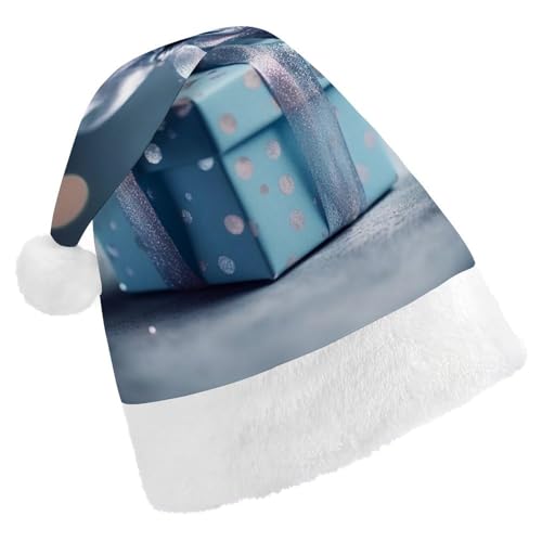 LMNGH Weihnachtsmütze, Unisex, Erwachsene, Plüsch, Weihnachtsmütze, Geschenkbox mit blauem Band, Weihnachtsmannmützen für Party, Urlaub von LMNGH