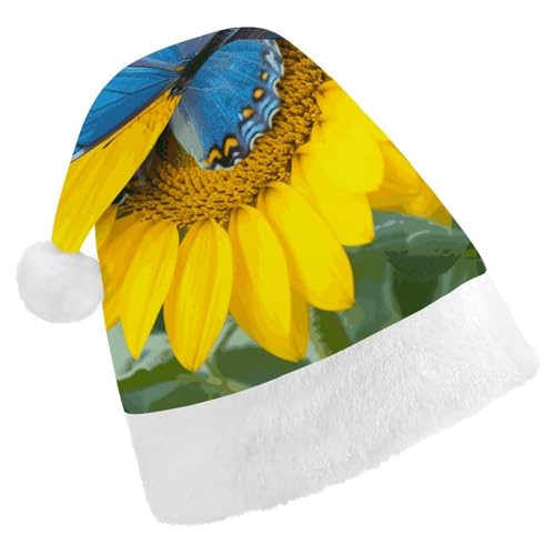 LMNGH Weihnachtsmütze, Unisex, Erwachsene, Plüsch, Weihnachtsmütze, Sonnenblume, blauer Schmetterling, Weihnachtsmannmützen für Party, Urlaub von LMNGH