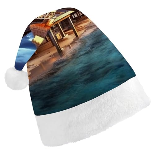 LMNGH Weihnachtsmütze, Unisex, Erwachsene, Plüsch, Weihnachtsmütze, Strandhäuser, Bild, Weihnachtsmannmützen für Party, Urlaub von LMNGH