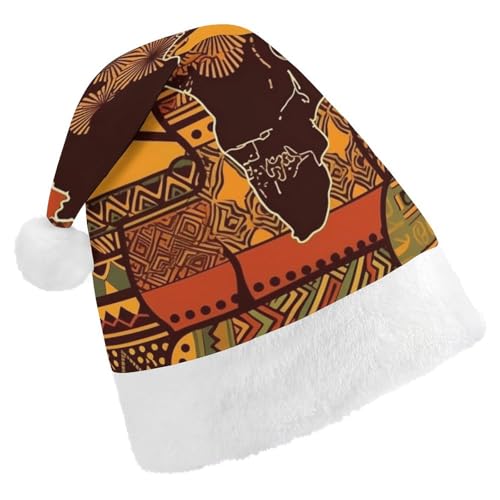 LMNGH Weihnachtsmütze, Unisex, Erwachsene, Plüschmütze, afrikanische Karte, ethnisches Muster, Weihnachtsmannmützen für Party, Urlaub von LMNGH