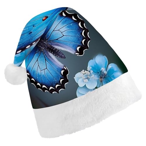 LMNGH Weihnachtsmütze, Unisex, Erwachsene, Plüschmütze, blauer Schmetterling, Blume, Weihnachtsmannmützen für Party, Urlaub von LMNGH