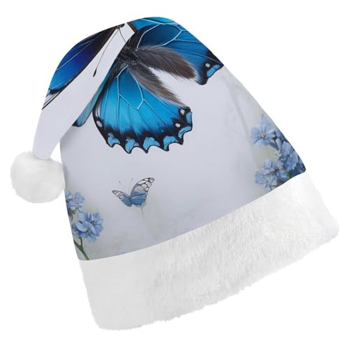 LMNGH Weihnachtsmütze, Unisex, Erwachsene, Plüschmütze, blauer Schmetterling, Weihnachtsmannmützen für Party, Urlaub von LMNGH