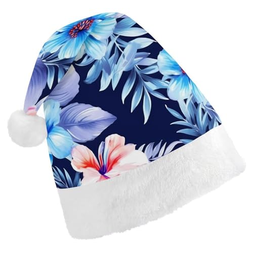 LMNGH Weihnachtsmütze für Erwachsene, Unisex, Plüsch, Weihnachtsmütze, Blumenmuster, blau, Weihnachtsmannmützen für Party, Urlaub von LMNGH