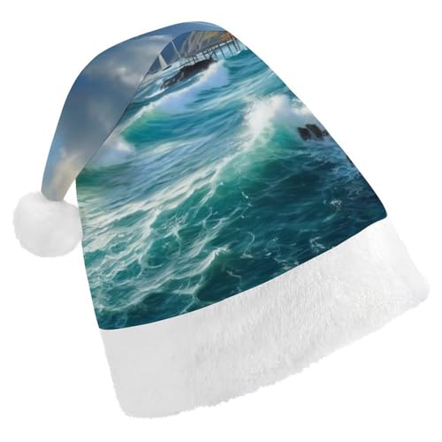 LMNGH Weihnachtsmütze für Erwachsene, Unisex, Plüsch, Weihnachtsmütze, Meereslandschaft, Malerei, Weihnachtsmannmützen für Party, Urlaub von LMNGH