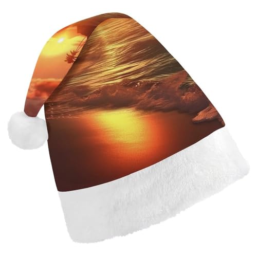 LMNGH Weihnachtsmütze für Erwachsene, Unisex, Plüsch, Weihnachtsmütze, Sonnenuntergang am Strand, Weihnachtsmannmützen für Party, Urlaub von LMNGH