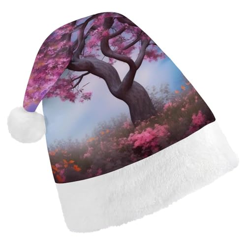 LMNGH Weihnachtsmütze für Erwachsene, Unisex, Plüsch, Weihnachtsmütze, bunte Blume, Schmetterling, Baum, Weihnachtsmannmützen für Party, Urlaub von LMNGH