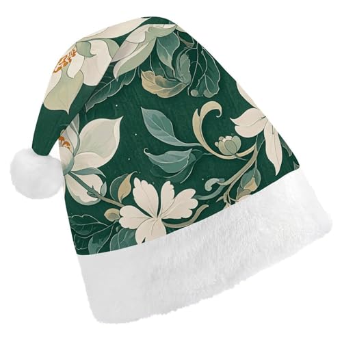 LMNGH Weihnachtsmütze für Erwachsene, Unisex, Plüsch, Weihnachtsmütze, weiß, Blumenmuster, Chinoiserie, Weihnachtsmannmützen für Party, Urlaub von LMNGH