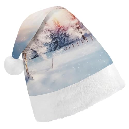 LMNGH Weihnachtsmütze für Erwachsene, Unisex, Plüsch, schöne Landschaft, Bäume, Schneeflocken, Weihnachtsmannmützen für Party, Urlaub von LMNGH