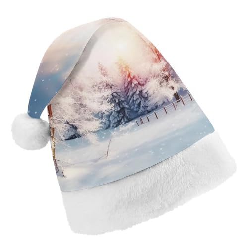 LMNGH Weihnachtsmütze für Erwachsene, Unisex, Plüsch, schöne Landschaft, Bäume, Schneeflocken, Weihnachtsmannmützen für Party, Urlaub von LMNGH