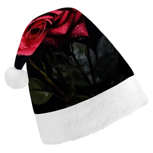 Weihnachtsmütze, Unisex, Erwachsene, Plüschmütze, rote Rose und schwarze Blätter, Weihnachtsmannmützen für Party, Urlaub von LMNGH