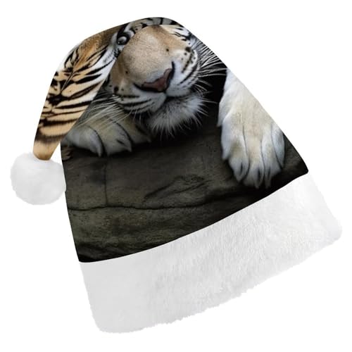 Weihnachtsmütze für Erwachsene, Unisex, Plüsch, Weihnachtsmütze, Tiger, liegend auf Felsen, Weihnachtsmannmützen für Party, Urlaub von LMNGH