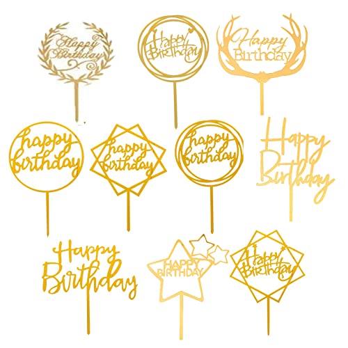 10 Stück Gold Happy Birthday Acryl Cupcake Topper für verschiedene Geburtstagsfeier Kuchen Dessert Gebäck Dekoration Mädchen Kinder Baby Geburtstag Hochzeit Mutter Kuchen Dekorationszubehör. von LMOGWL