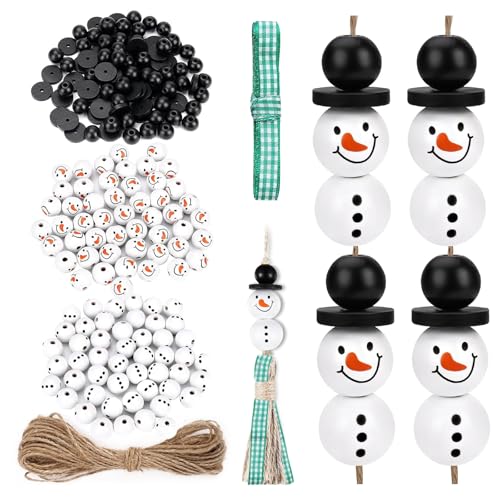 200er Schneemann Holzperlen für Weihnachten Mit 10m Hanfseil Für 50 Sets Schneemänner, Schneemann Weihnachtsperlen für DIY-Basteleien, Weihnachten, Halloween, Winter-Dekorationen von LMOOON