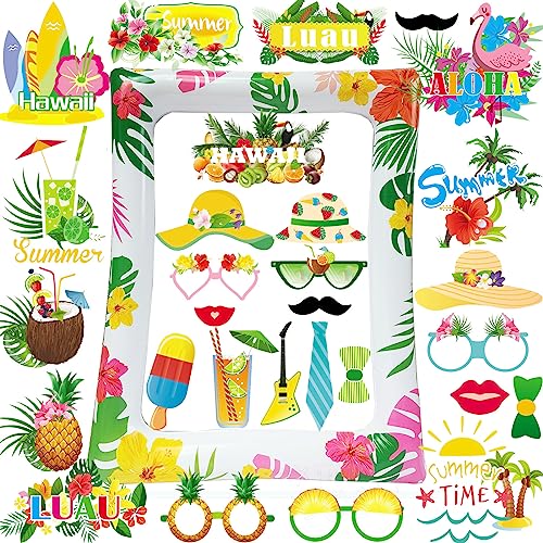 LMSHOWOWO 29 PCS Hawaii Foto Requisiten Set, Hawaii Aufblasbarer Fotorahmen, Sommer Fotobox Accessoires, Hawaii Thema Photo Booth Props, Flamingo Fotorequisiten, für Sommer Strand Luau Party Supplies von LMSHOWOWO