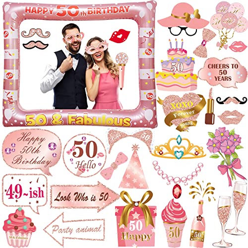 30 Stück 50. Geburtstag Deko Fotorequisiten, LMSHOWOWO Rosegold Aufblasbarer Bilderrahmen, 50 Geburtstag Foto Requisiten, Party Foto Booth Props, Geburtstag Fotobox Accessoires für Geburtstage Zubehör von LMSHOWOWO