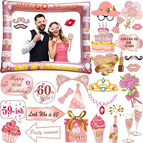 30 Stück 60. Geburtstag Deko Fotorequisiten, LMSHOWOWO Rosegold Aufblasbarer Bilderrahmen, 60 Geburtstag Foto Requisiten, Party Foto Booth Props, Geburtstag Fotobox Accessoires für Geburtstage Zubehör von LMSHOWOWO