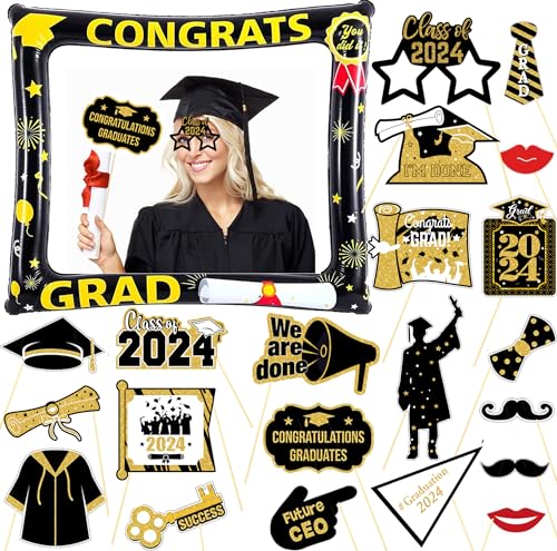 Graduation Deko 2024, LMSHOWOWO Abschlussfeier Aufblasbarer Fotorahmen und 21 Stück Abschluss Foto Requisiten, Fotobox Accessoires für Abschluss, Graduation Fotorequisiten, Schwarz Abschluss Deko von LMSHOWOWO