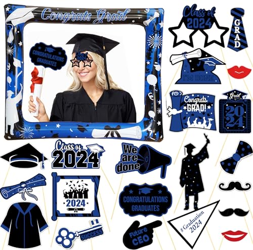 Graduation Deko 2024, LMSHOWOWO Abschlussfeier Aufblasbarer Fotorahmen und 21 Stück Abschluss Foto Requisiten, Fotobox Accessoires für Abschluss, Graduation Fotorequisiten, Blau Abschluss Deko von LMSHOWOWO