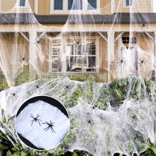 Halloween Deko Spinnennetz, LMSHOWOWO 200g 1000m² Dehnbare Weiß Spinnenweben mit 60 Kunststoff Spinnen, Realistisch Spinnennetz Dekoration für Halloween Deko Garten Outdoor Innen Spukhaus Gruselig von LMSHOWOWO